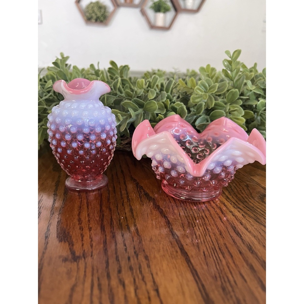 Scarce Fenton Star Fold Cranberry Hobnail Opalescent Glass Bowl & 1 Bud Vase